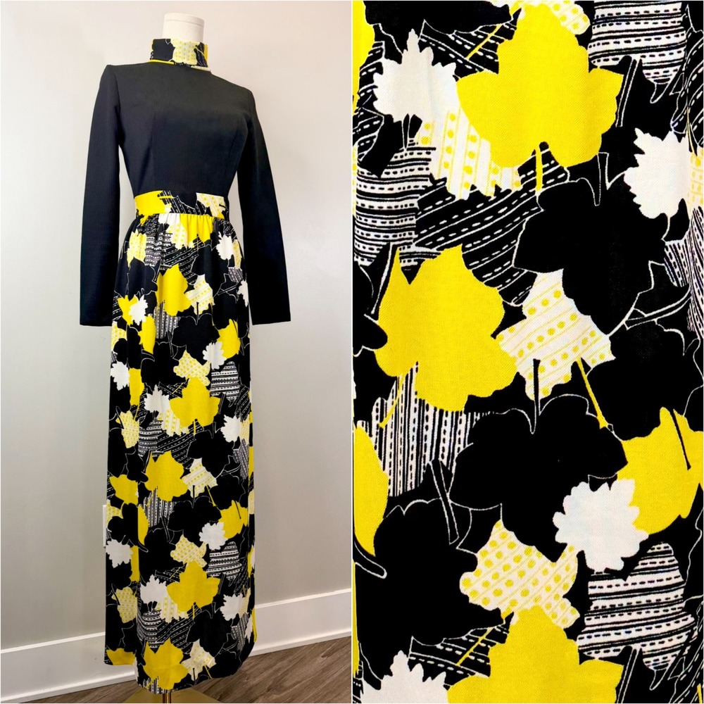 Vintage 1970s Novelty Print Leaf Dress 70s Fall Maxi Sweater Autumn Mod 60s